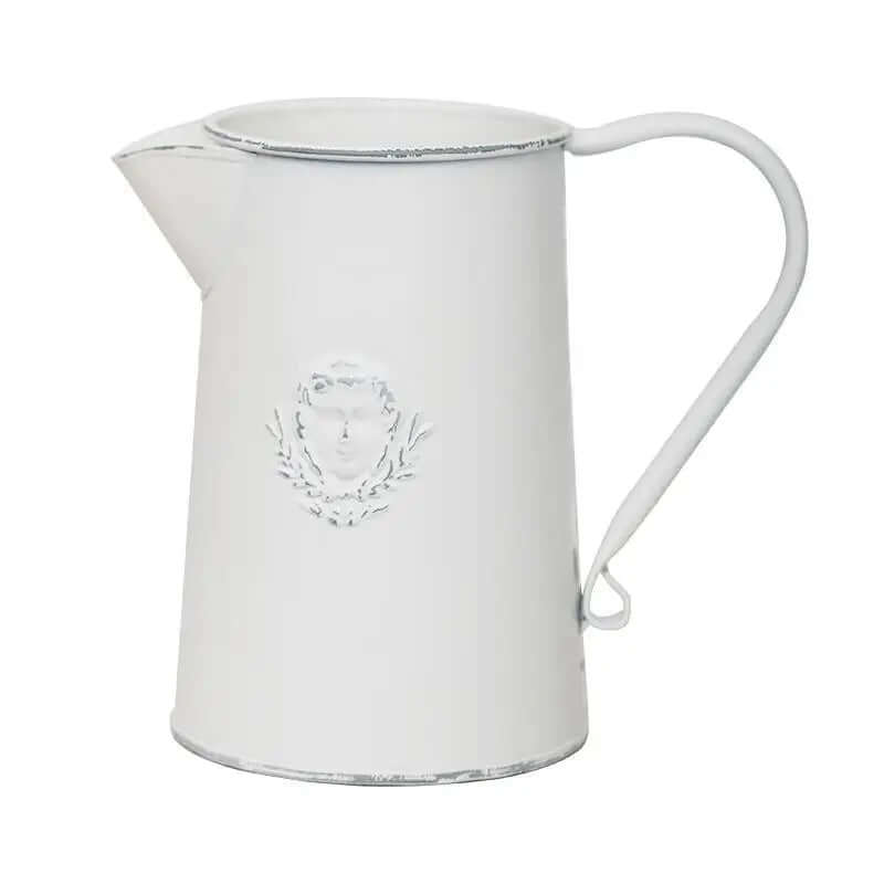 Large rustic white metal flower pitcher vase product view