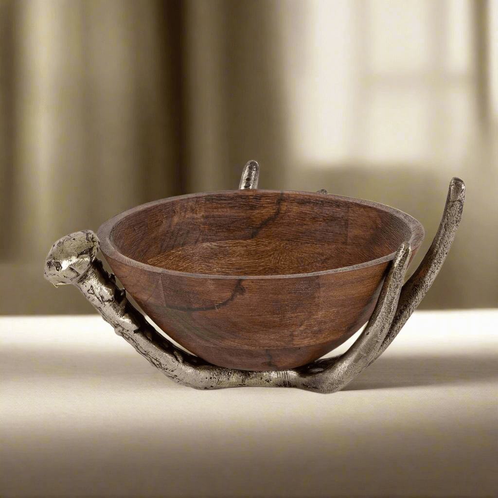 Rustic Wood Bowl with Antler Stand handcrafted from mango wood and aluminum, blending tradition and nature for home decor.