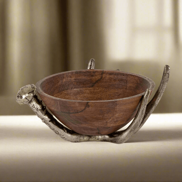 Rustic Wood Bowl with Antler Stand handcrafted from mango wood and aluminum, blending tradition and nature for home decor.