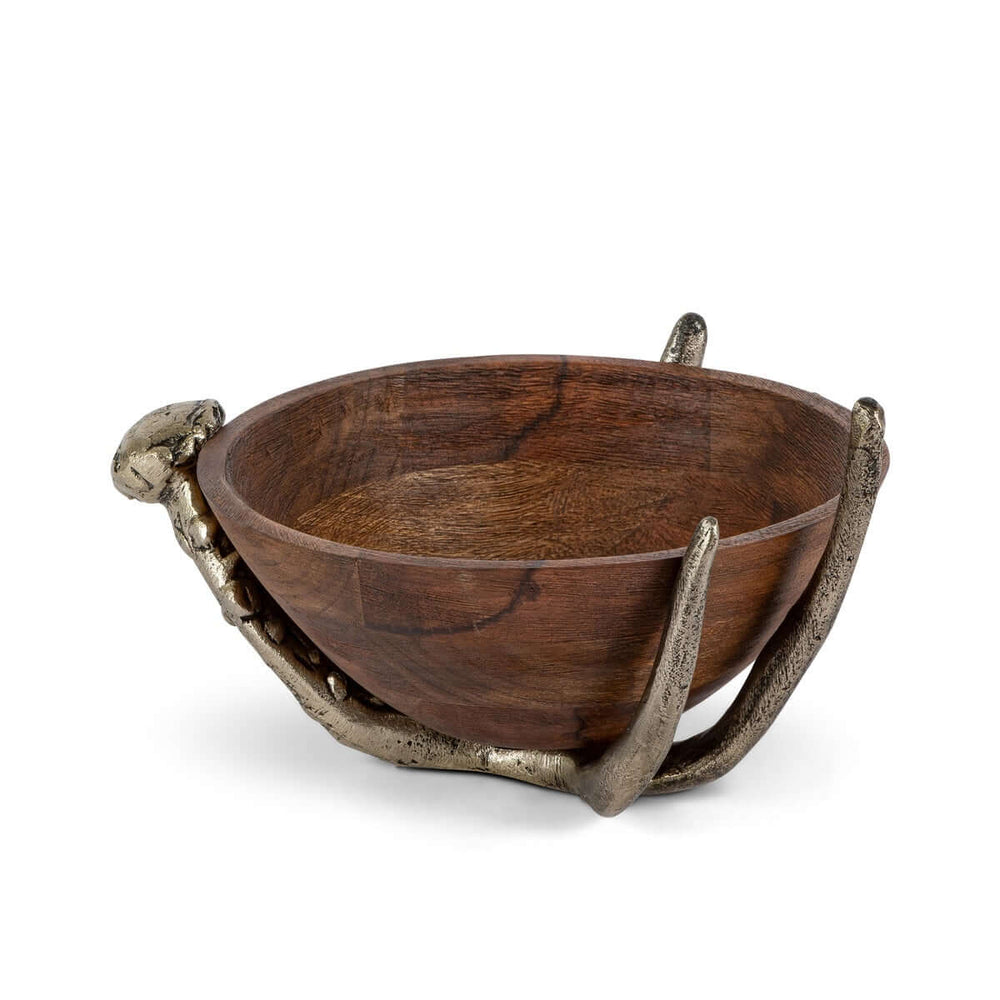 Rustic Wood Bowl with Antler Stand made from dark mango wood and decorative aluminum antlers, showcasing an elegant blend of nature and craftsmanship.