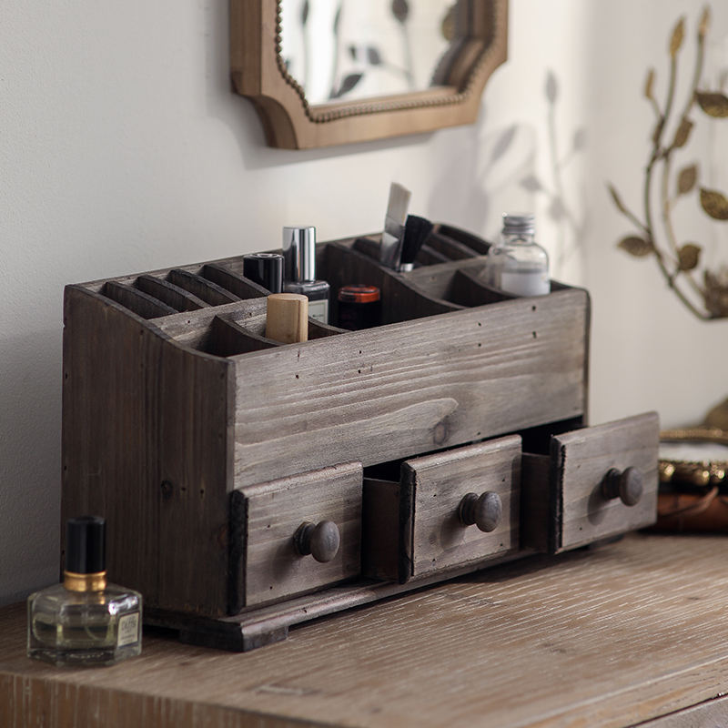 Rustic Wood Desktop Organizer with Three Drawers holding vanity essentials