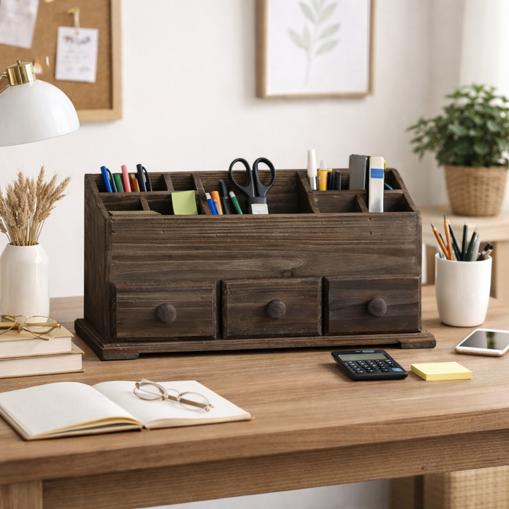 Rustic wood organizer holding stationery on a home-office desk