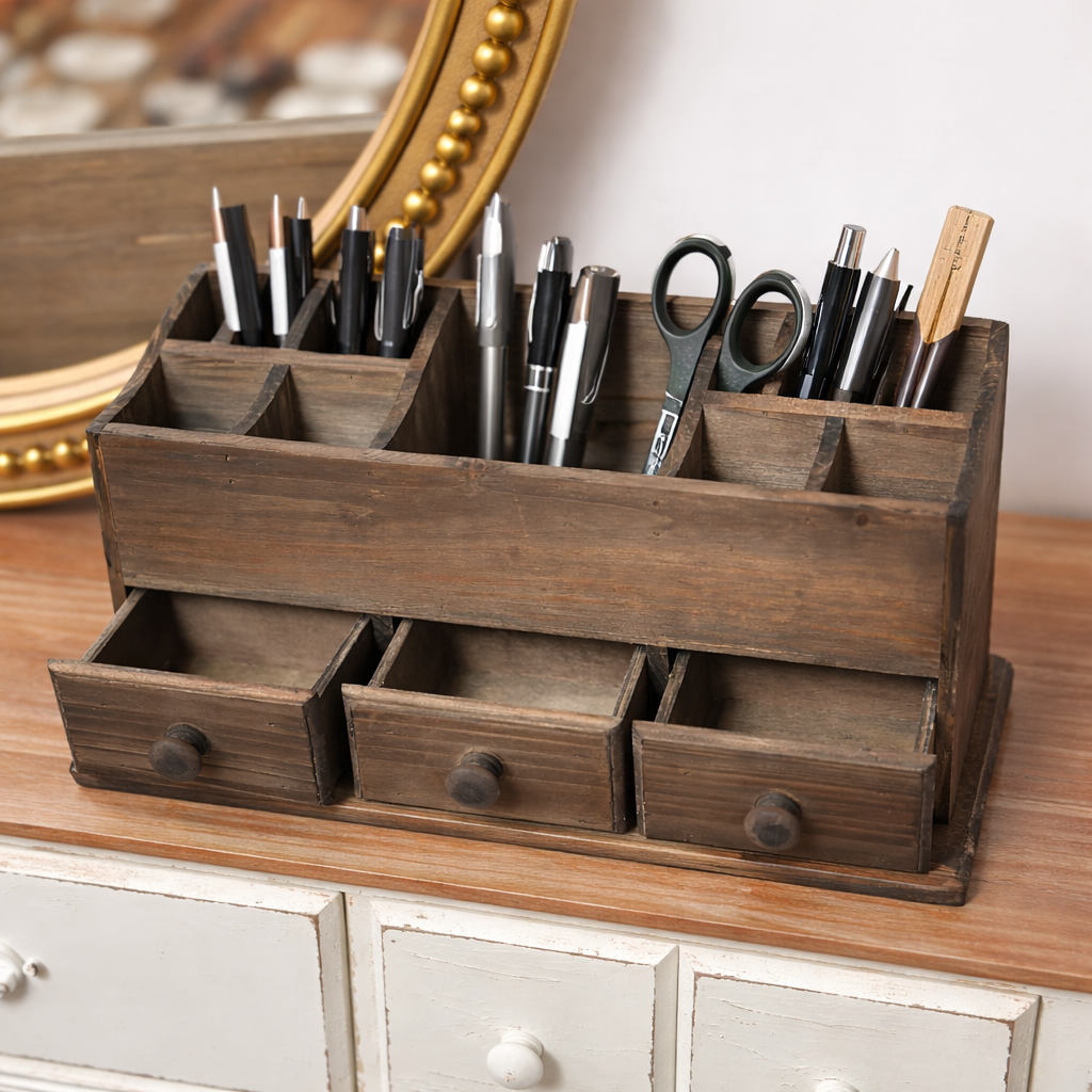 Angled view with drawers open and upper compartments filled with pens