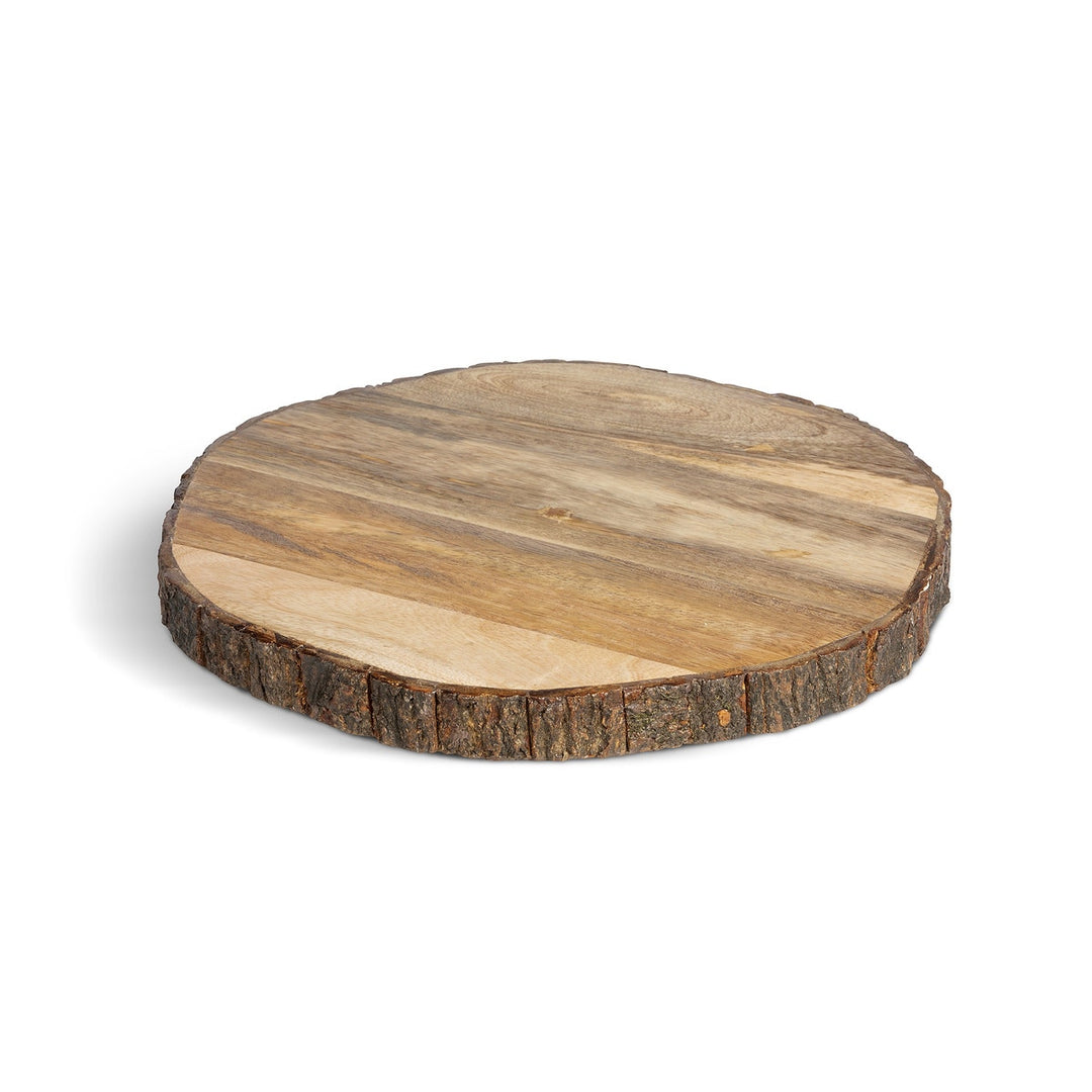 Rustic Wood Slice Lazy Susan with natural bark edge on white background, showcasing its handcrafted, vintage-inspired design.