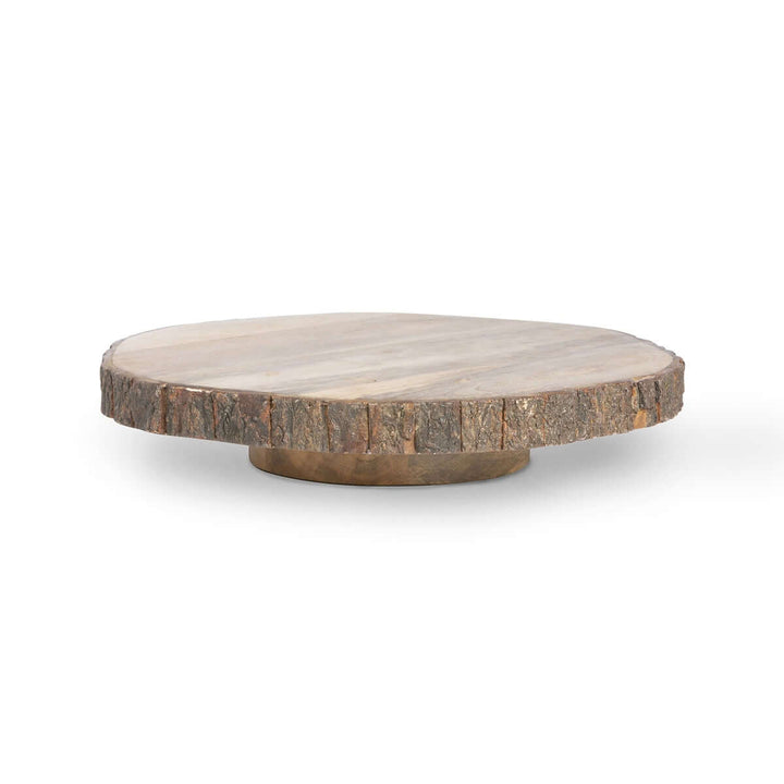 Rustic wood slice Lazy Susan with bark edge, showcasing natural wood design for vintage-inspired kitchen or dining decor.