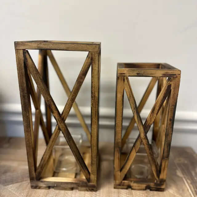 Wooden Lantern With Glass Votive Hold - Set of 2