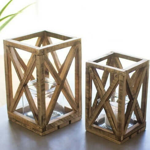 Wooden Lantern With Glass Votive Hold - Set of 2
