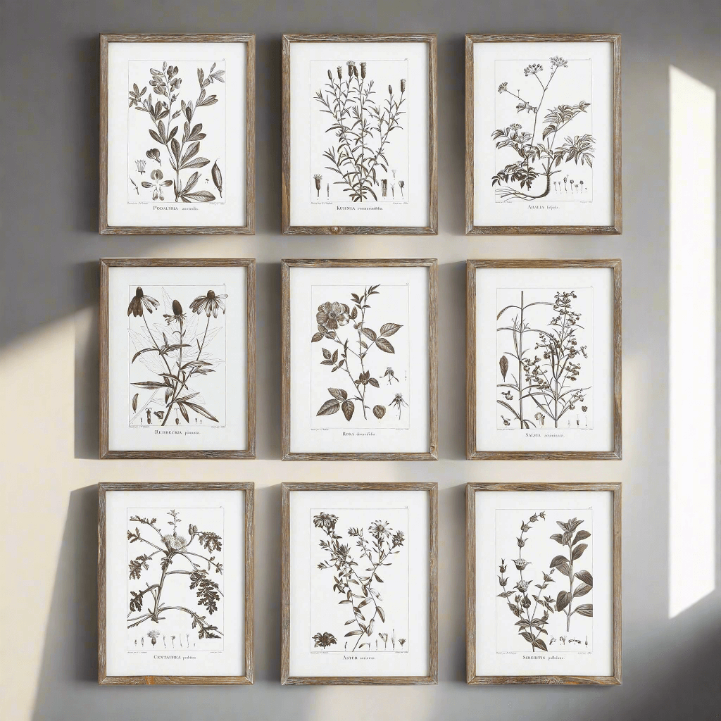 Rustic botanical sepia wall art prints set of nine, featuring vintage floral illustrations in distressed wooden frames.