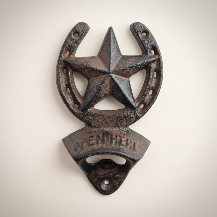 Cast iron bottle opener with star design and 'Open Here' text on a beige background