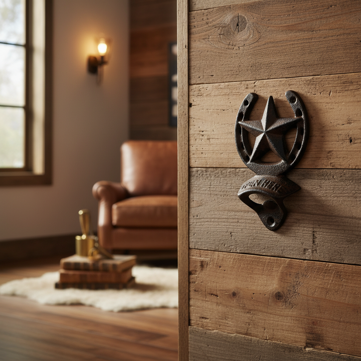 Wrought iron bottle opener with star design mounted on a wooden wall, with a cozy room in the background.
