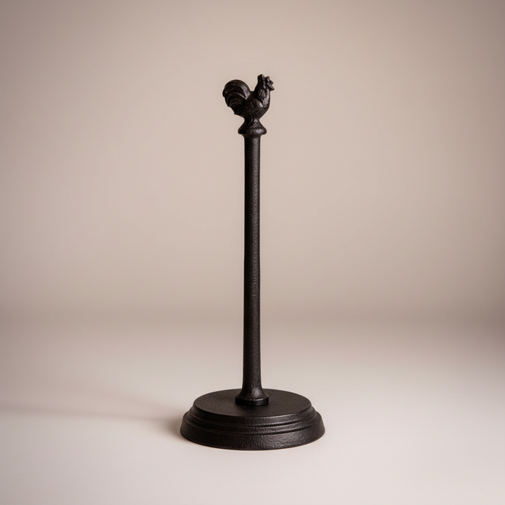 Rustic Cast Iron Rooster Paper Towel Holder with Weighted Base for vintage farmhouse kitchens