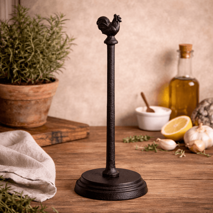 Rustic Cast Iron Rooster Paper Towel Holder with Weighted Base on a farmhouse kitchen counter with herbs and spices.