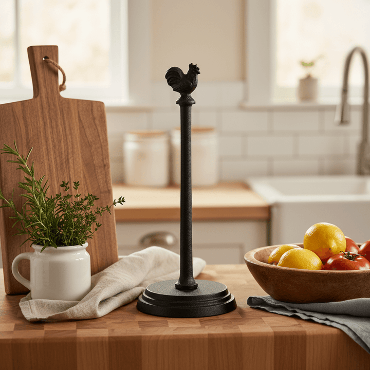 Rustic Cast Iron Rooster Paper Towel Holder with Weighted Base on a kitchen counter.