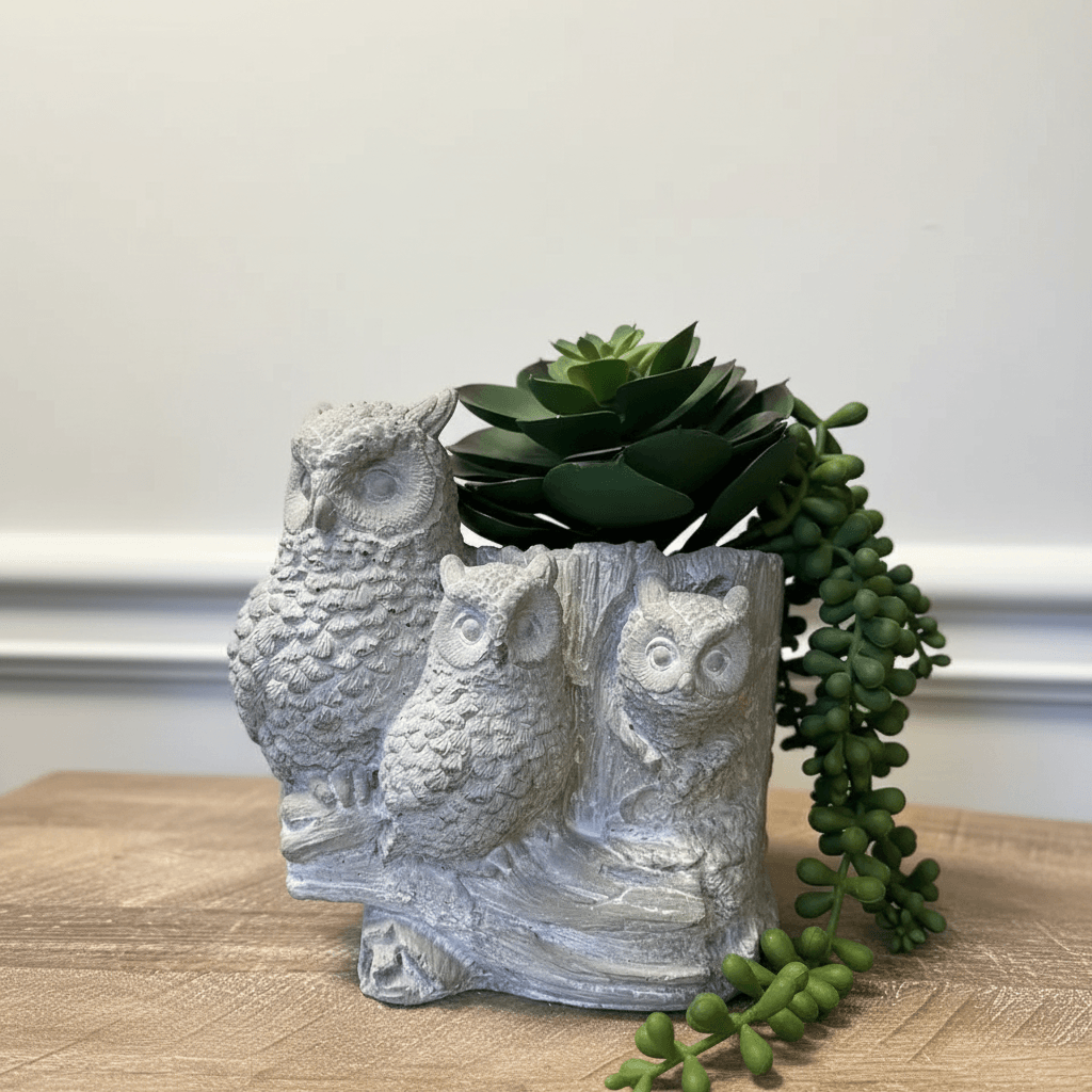 Rustic Cement Owl Planter Pot with Three Owls featuring a succulent plant, adding woodland charm to a tabletop.