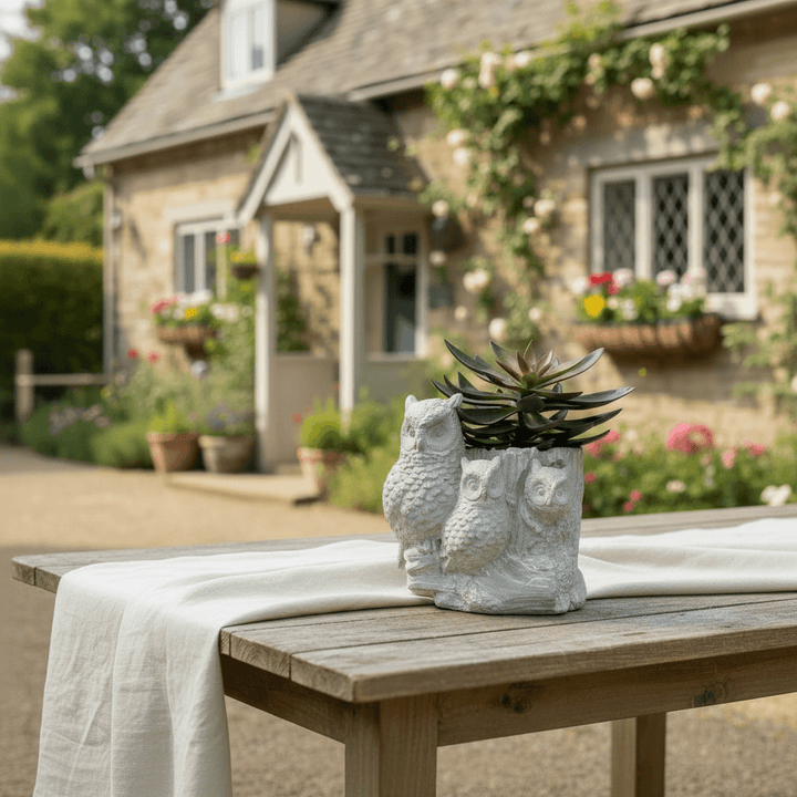 Rustic Cement Owl Planter Pot with Three Owls on wooden table in cottage garden