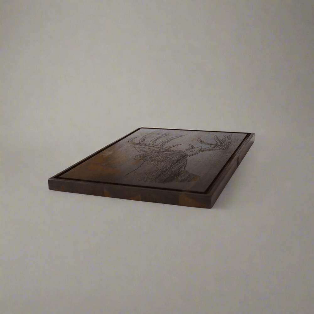 Rustic Deer Engraved Wood Serving Board with detailed deer engraving on dark wood, 18x14 inches, embodying mountain cabin charm.