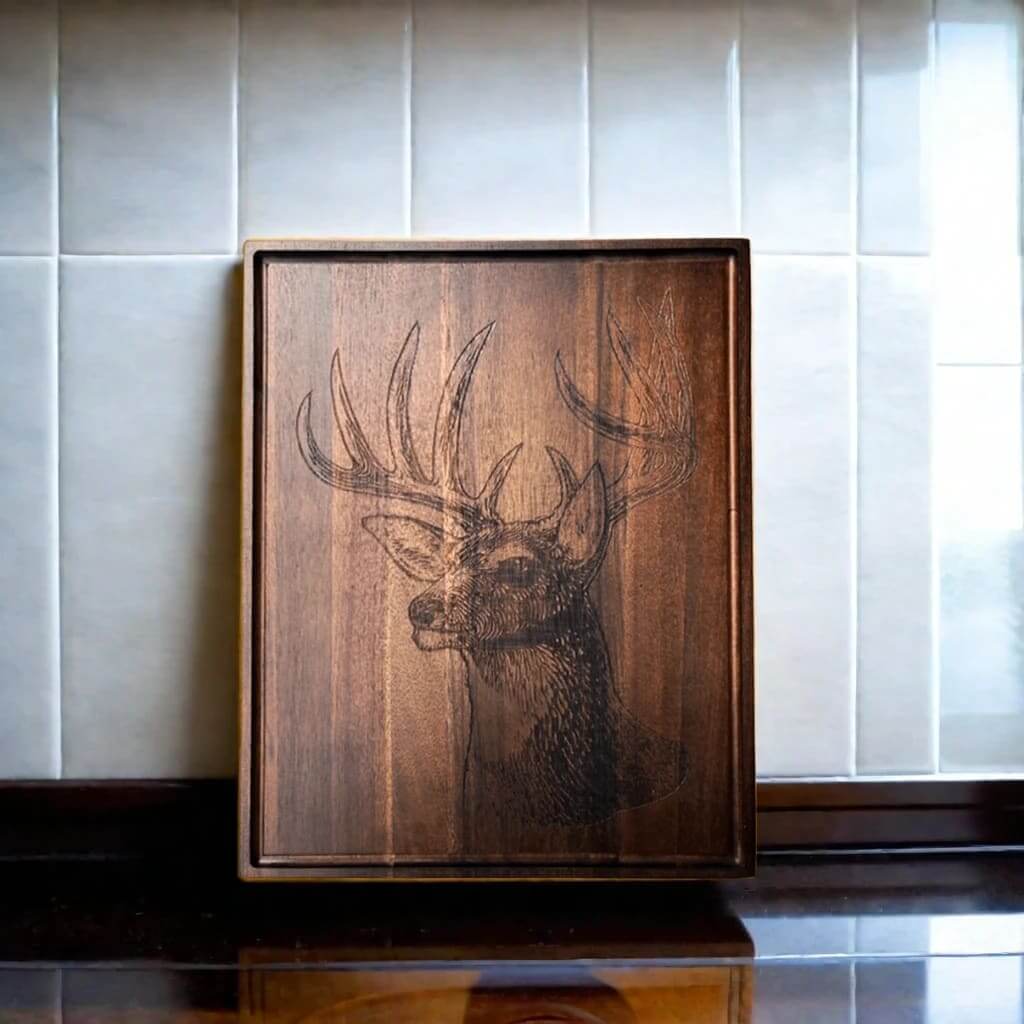 Rustic Deer Engraved Wood Serving Board with detailed deer engraving displayed on a kitchen countertop.