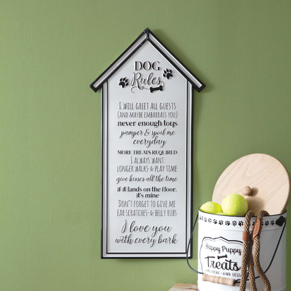 Rustic Dog Rules Wall Sign shaped like a house, with paw prints and humorous rules, adding charm to pet-friendly home decor.