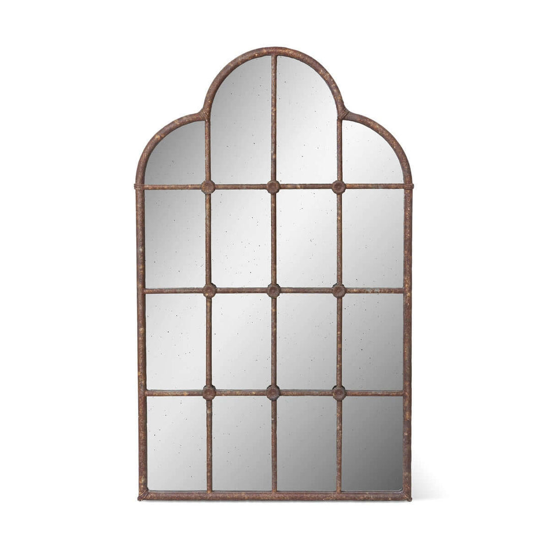 Rustic Farmhouse Iron Windowpane Mirror with Arch Design and Sturdy Frame