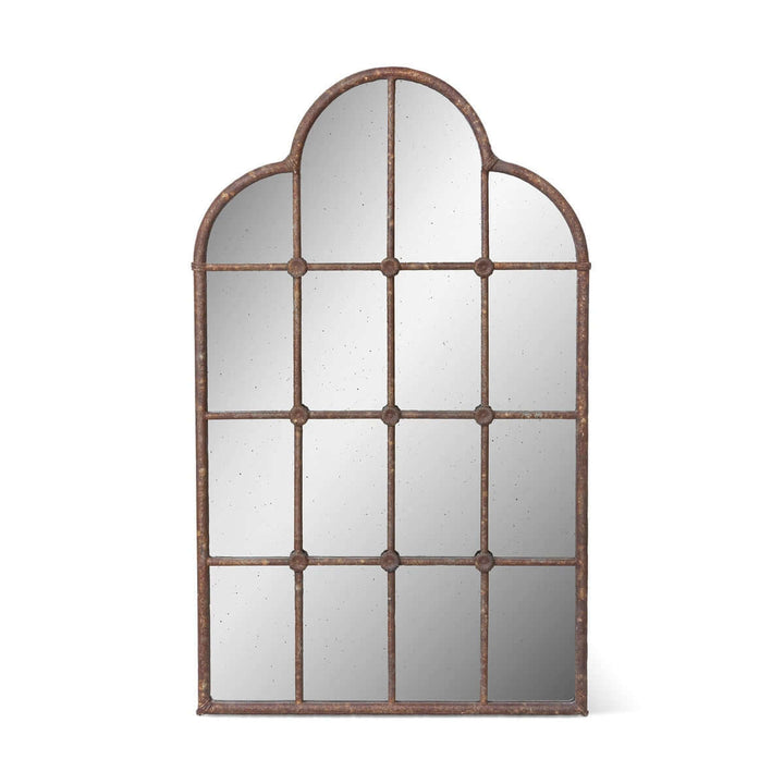 Rustic Farmhouse Iron Windowpane Mirror with Arch Design and Sturdy Frame