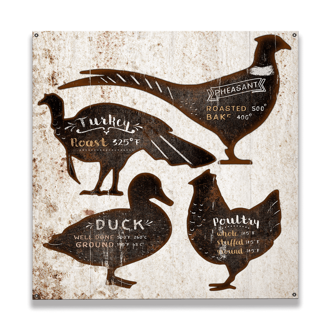 Farmhouse Kitchen Cooking Fowl Wall Art with rustic poultry cooking guide.