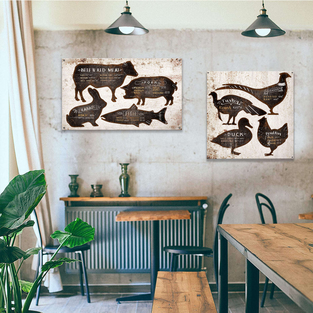 Rustic Farmhouse Meat Cuts and Cooking Guide Wall Art in a cozy kitchen setting with rustic decor.