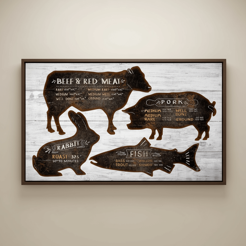 Rustic Farmhouse Meat Cuts and Cooking Guide Wall Art with vintage-inspired culinary chart designs for home kitchens.