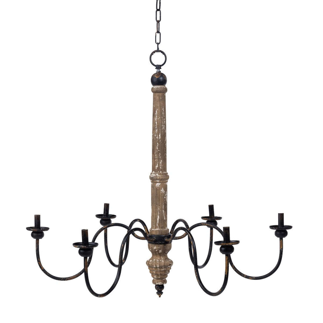Rustic French Country Chandelier with distressed wood and black iron arms, 6-light fixture perfect for old-world style interiors.