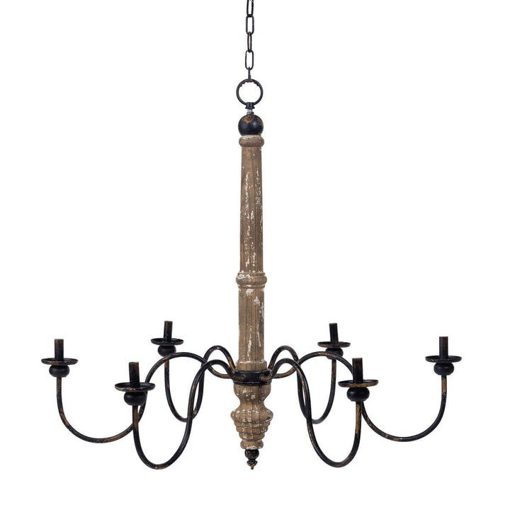 Rustic French Country Chandelier with distressed wood and black iron arms, 6-light fixture perfect for old-world style interiors.