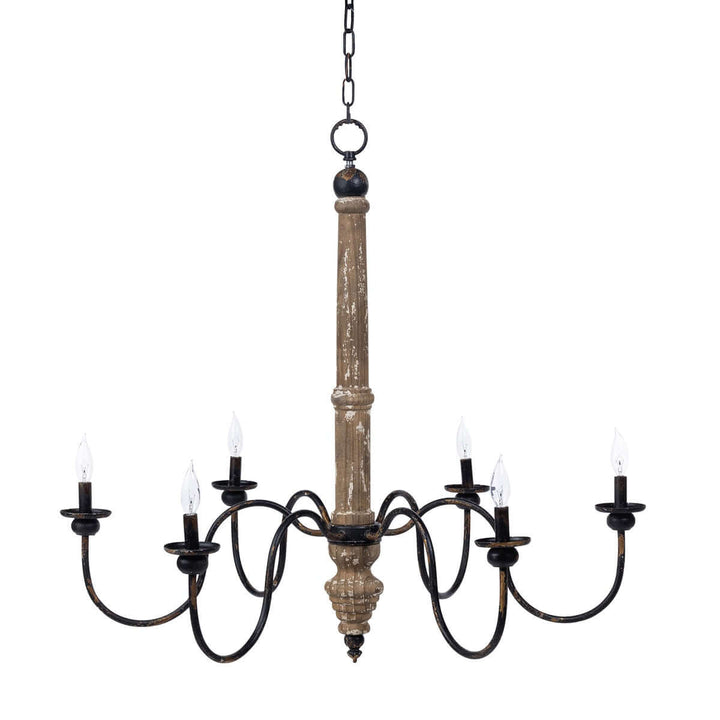 Rustic French Country Chandelier with distressed wood and black iron arms, 6-light fixture evoking old-world charm and elegance.