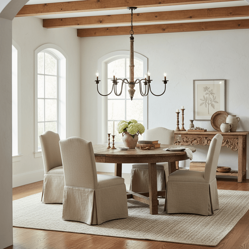 Dining room with wooden table, chairs, and chandelier in a bright room.
