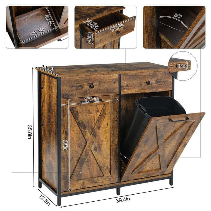 Diagram of Rustic Farmhouse Tilt Out Trash Cabinet with measurements and tilt compartments, featuring vintage wood and metal accents.