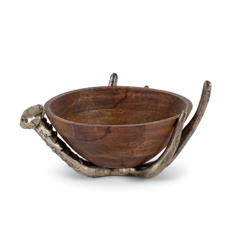 Rustic Wood Bowl with Antler Stand made of mango wood and weathered aluminum, showcasing traditional craftsmanship and organic elegance.