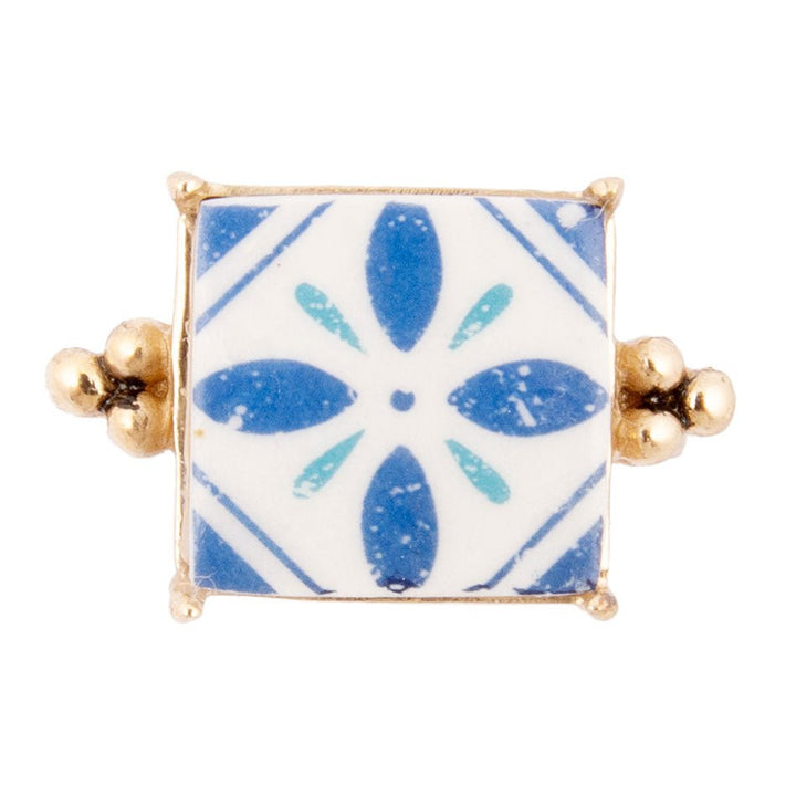Santorini Blue and White Tile Golden Statement Ring