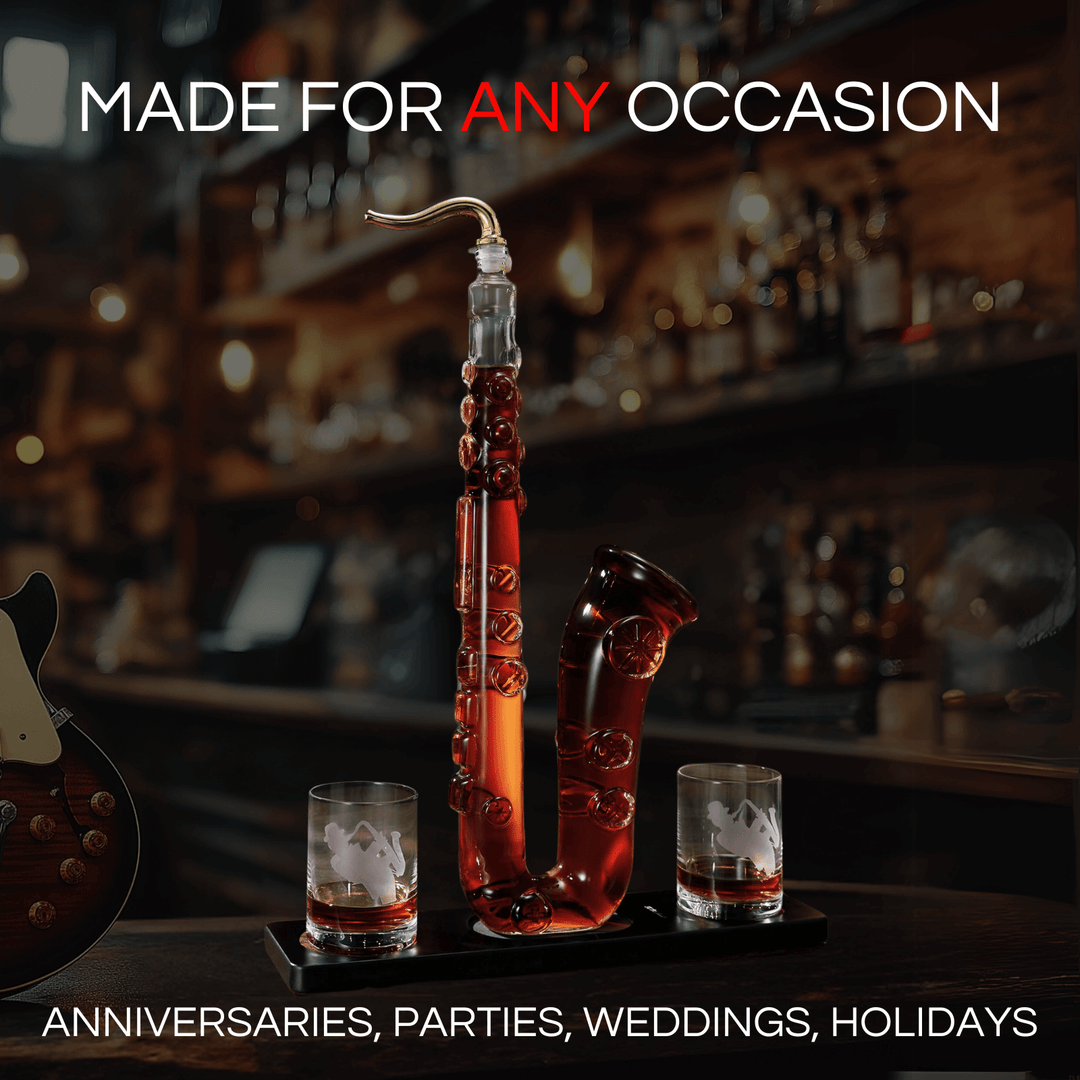 Saxophone Whiskey Decanter Set with Glasses displayed elegantly on a bar, perfect for any occasion.