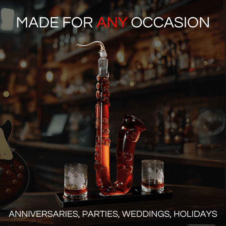 Saxophone Whiskey Decanter Set with Glasses displayed elegantly on a bar, perfect for any occasion.