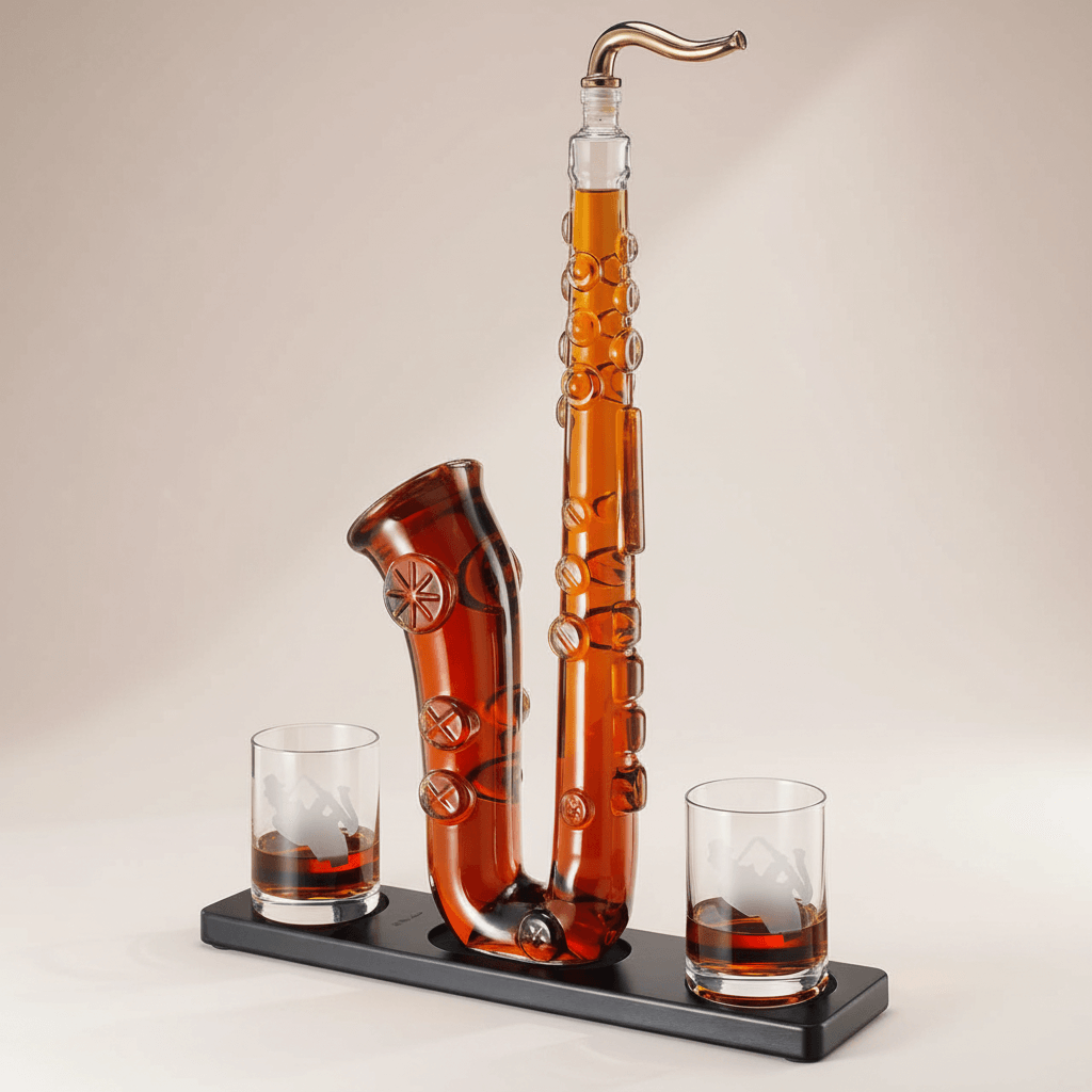 Saxophone Whiskey Decanter Set with Glasses featuring a saxophone-shaped decanter and two etched glasses on a wooden base.