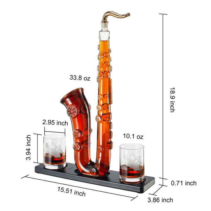 Saxophone Whiskey Decanter Set with Glasses featuring unique saxophone shape and dimensions, perfect for elegant celebrations.