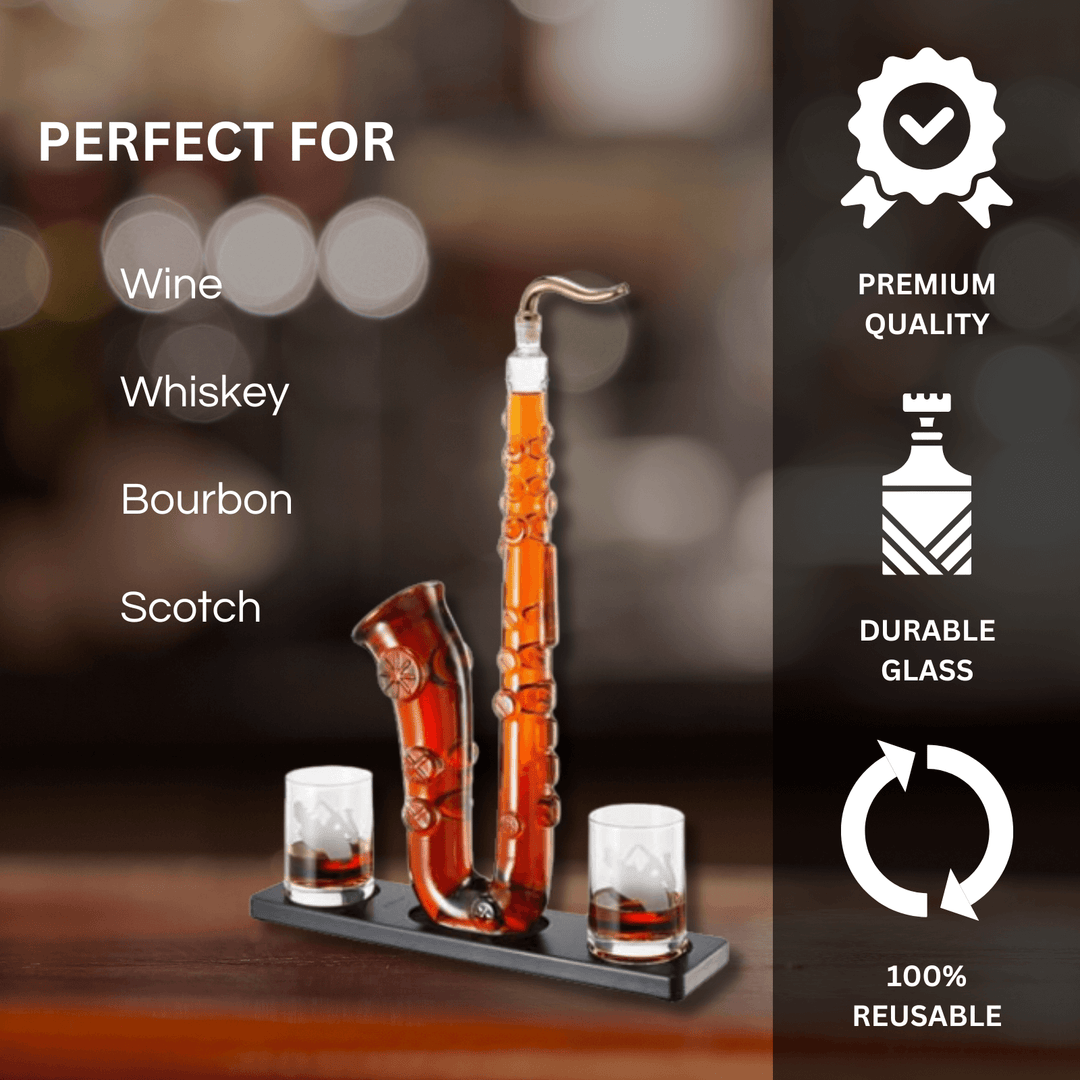 Saxophone Whiskey Decanter Set with Glasses, premium quality and durable, perfect for wine, whiskey, bourbon, and scotch.