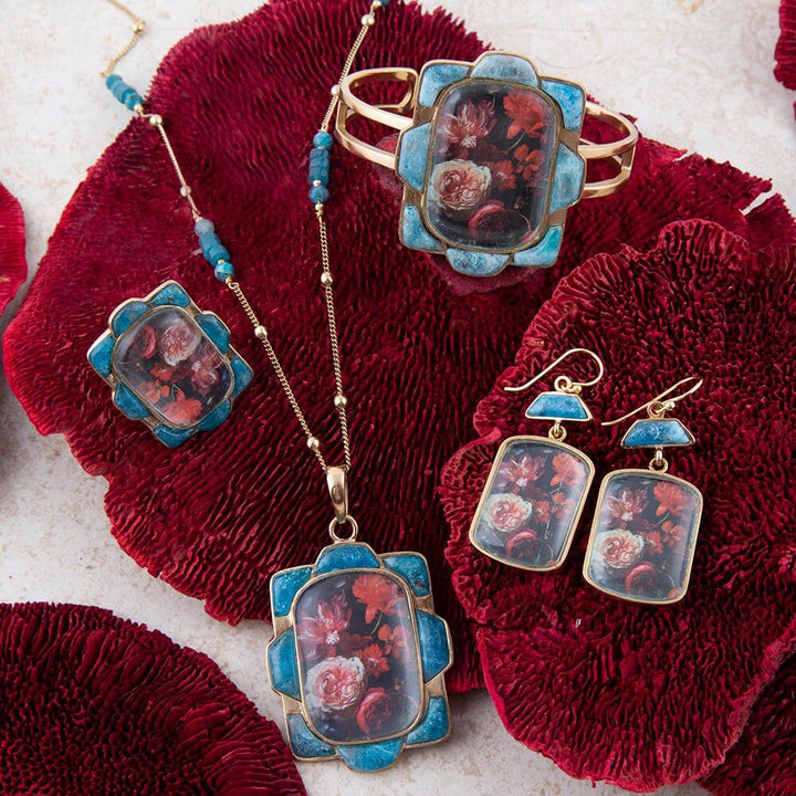 Scenic Dark Florals Blue Apatite Golden Drop Earrings