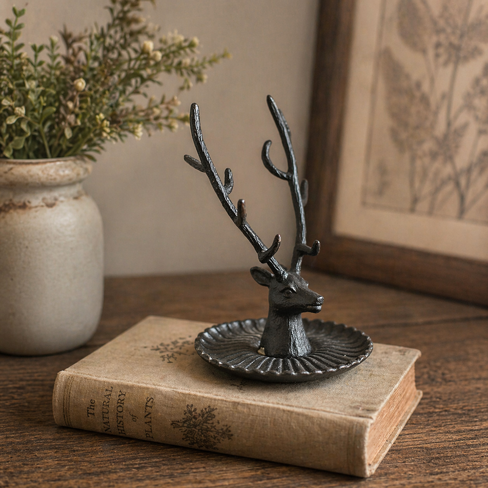 Black sculpted buck jewelry stand with antlers and scalloped trinket tray