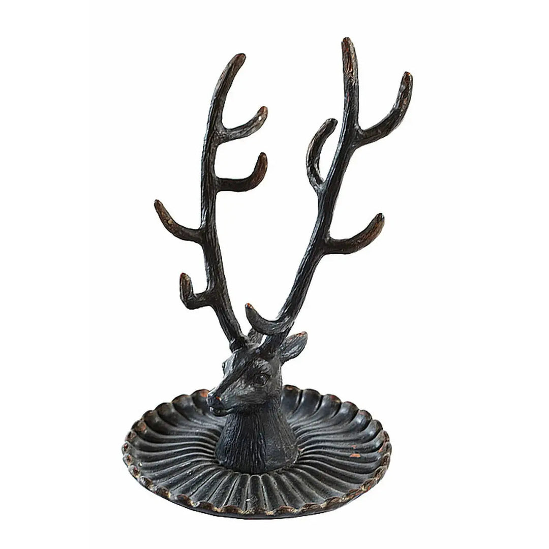 Black buck jewelry stand isolated to show the detailed antlers and round dish