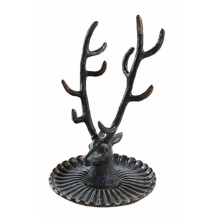 Black buck jewelry stand isolated to show the detailed antlers and round dish