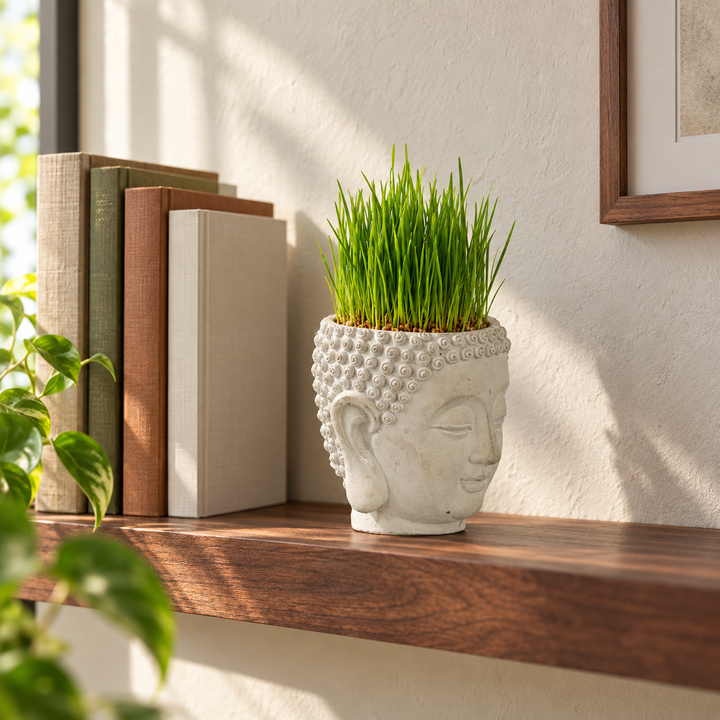 Cement Buddha head planter with grass on a walnut shelf beside clothbound books