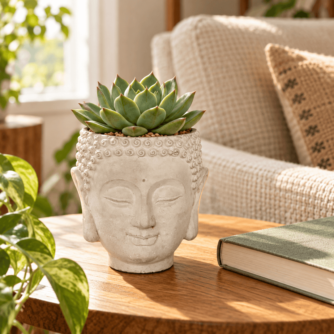 Cement Buddha head planter with succulent on an oak side table beside a green book
