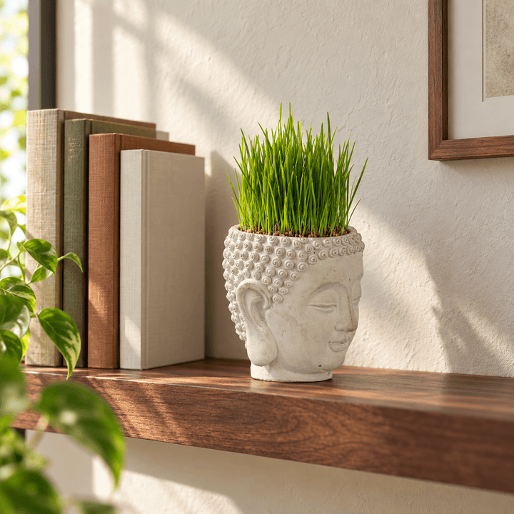 Cement Buddha head planter with grass on a walnut shelf beside clothbound books