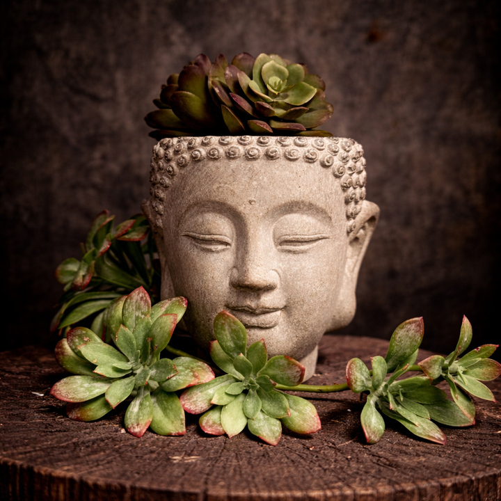 Small Sculpted Cement Buddha Wall Planter with trailing greenery
