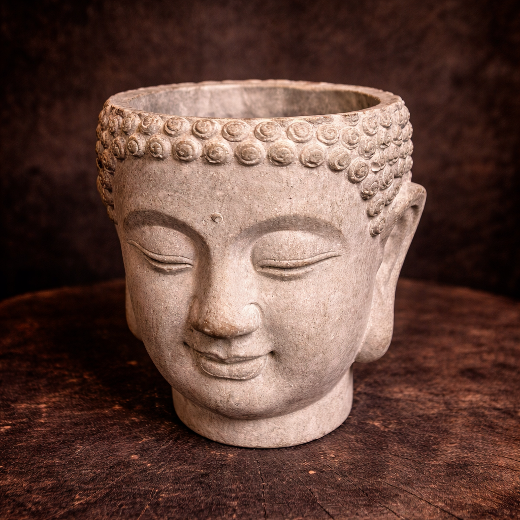 Close view of the textured curls on the Sculpted Cement Buddha Wall Planter