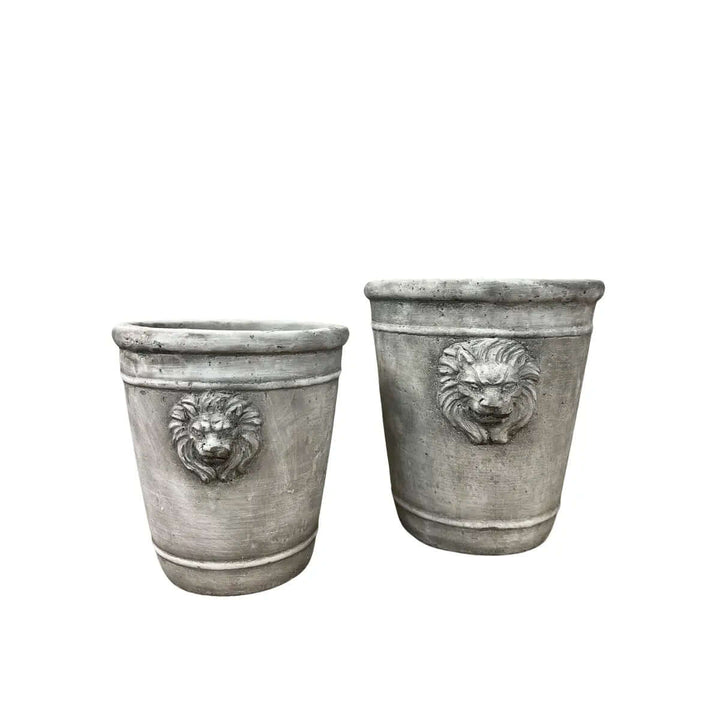 Medium and large gray cement lion head planters shown together on white