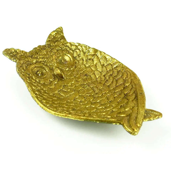 Empty pewter owl jewelry dish showing round eyes and feather relief
